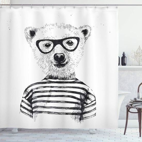Animal Rideau De Douche, Ours Dans Lunettes Fun, Tissu Ensemble De