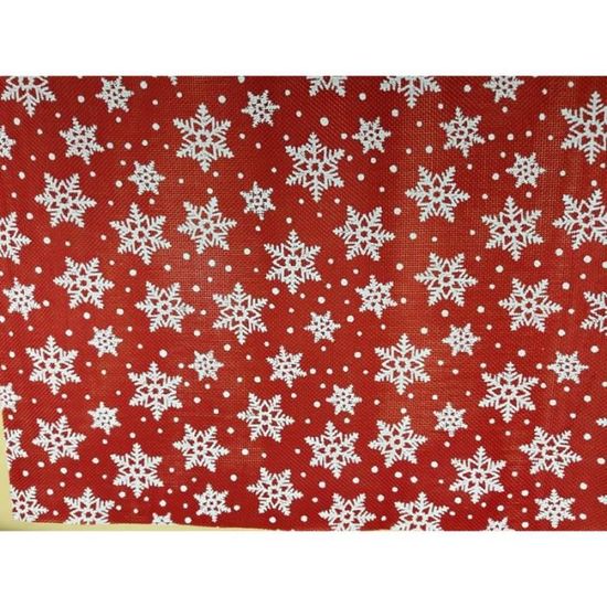 Chemin de table jute rouge avec flocon de neige blanc - 4 m x 28 cm