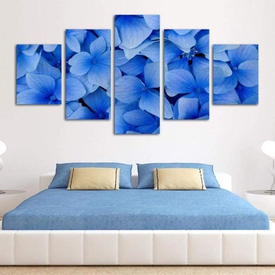 Décoration Murale Peinture Photoss 5 Panneaux Belles Fleurs Bleues Toile avec Cadre 100x50cm A622