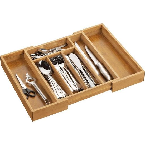 Range-Couverts Bambou Relaxdays Avec Poignée - 4 Compartiments, Organisateur Tiroir Cuisine Naturel
