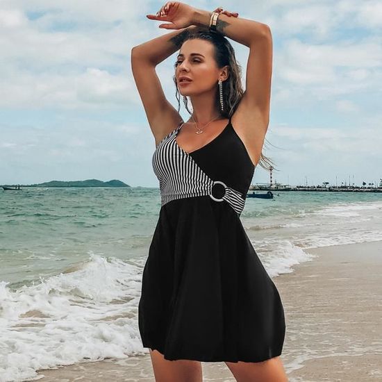 Maillot De Bain Une Pièce Avec Jupette - Effet Gainant - Taille XL - Imprimé Fleurs Noires