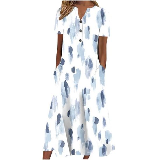 Robe Longue été Femme JENJON - Col V, Manches Courtes, Taille Haute élastique - Synthétique Fluide