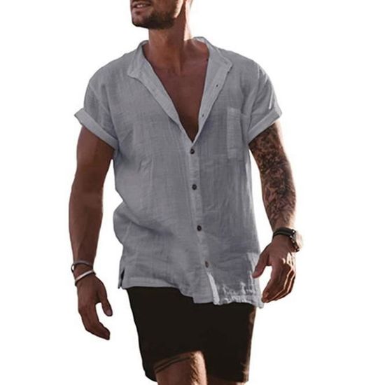 Chemise En Lin Homme Manches Courtes Boutonnée - Chemise Été Légère Pour Plage Et Décontracté, Coupe Régulière Ajustée