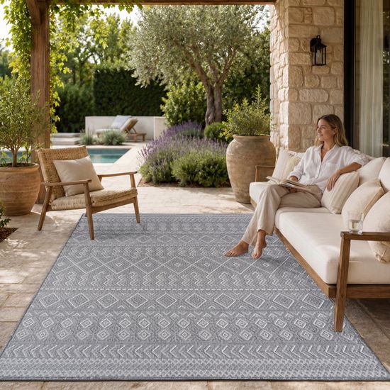 Tapis D'Extérieur Paco Home 80x250 Cm – Motif Géométrique Abstrait Moderne, Terrasse, Balcon, Cuisine, Blanc