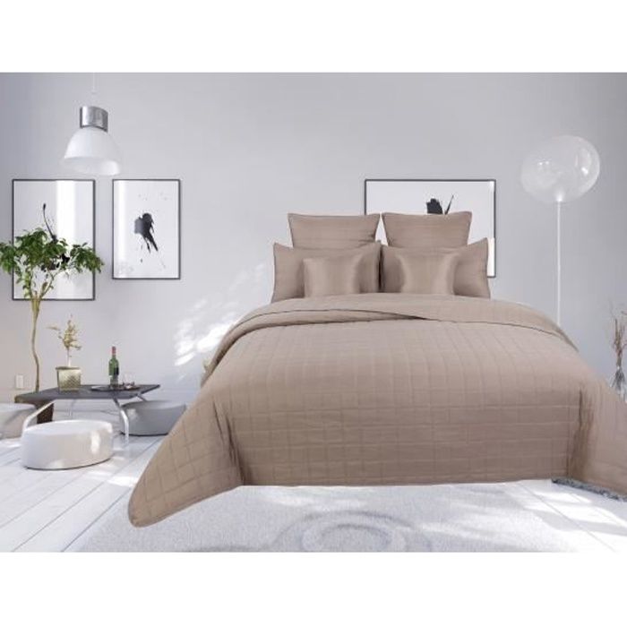 Couvre lit boutis matelassé 7 pièces uni -piquage Carreaux- Taupe