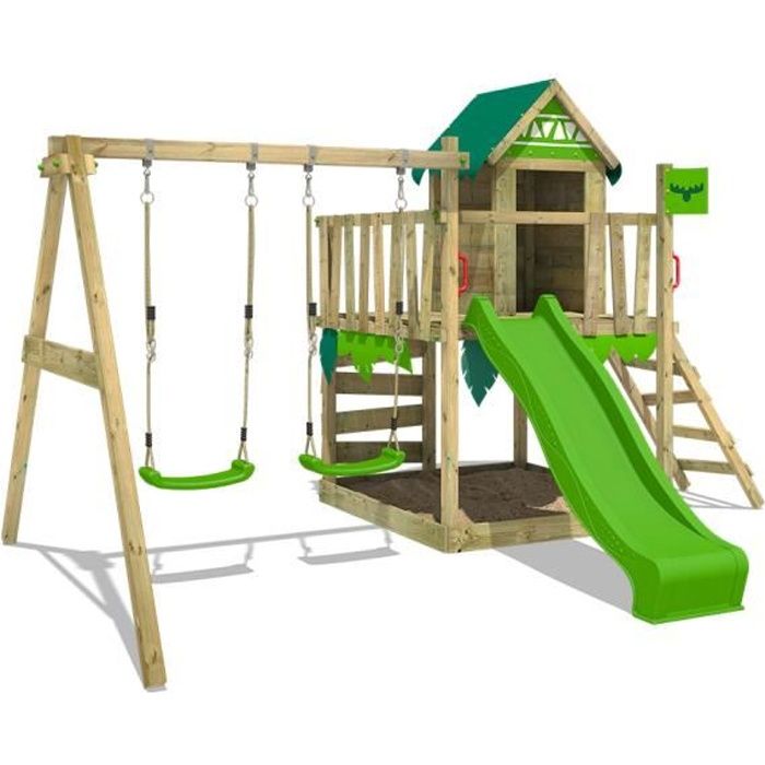 FATMOOSE Aire de jeux Portique bois JazzyJungle avec balançoire et toboggan vert pomme Maison enfant extérieure avec bac à sable