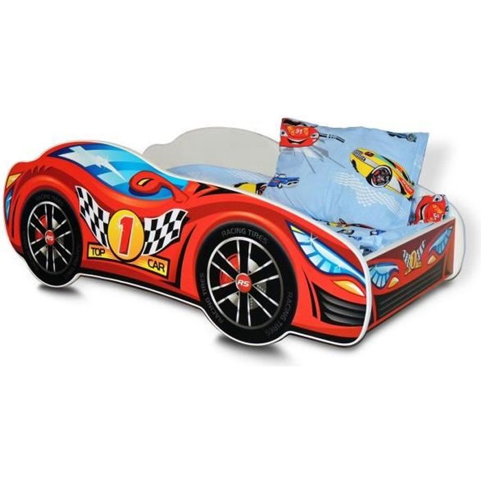 BB Lit enfant en bois voiture car avec Matelas Sommier à lattes Coussin 140 x 70 cm Modèle: 02 rouge