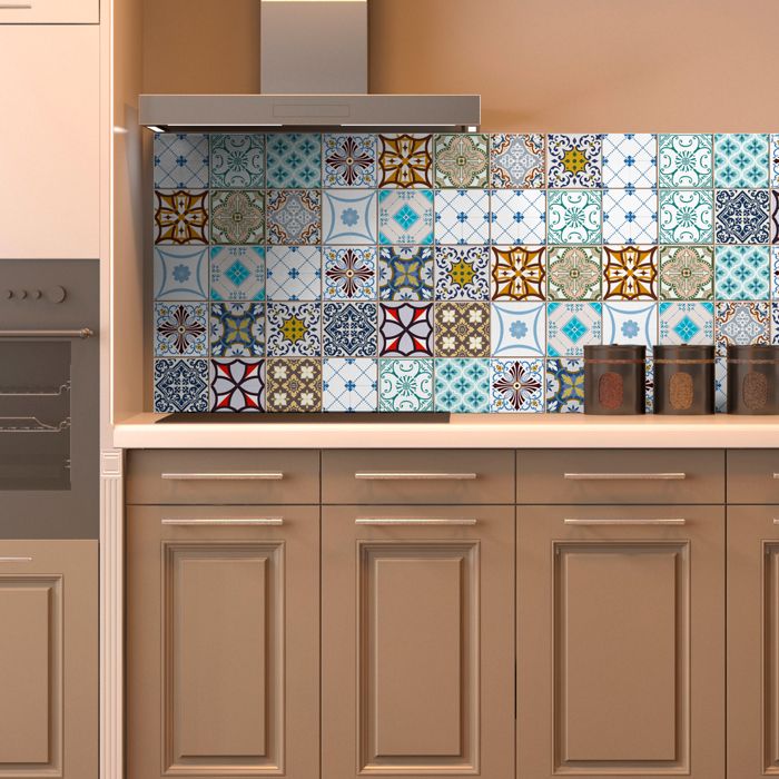 Sticker Mural Carrelage adhésif Cuisine Salle de Bain - 16 STICKERS CARRELAGES AZULEJOS ARTISTIQUES MOSAÏQUES ORNEMENTS - 40x40cm
