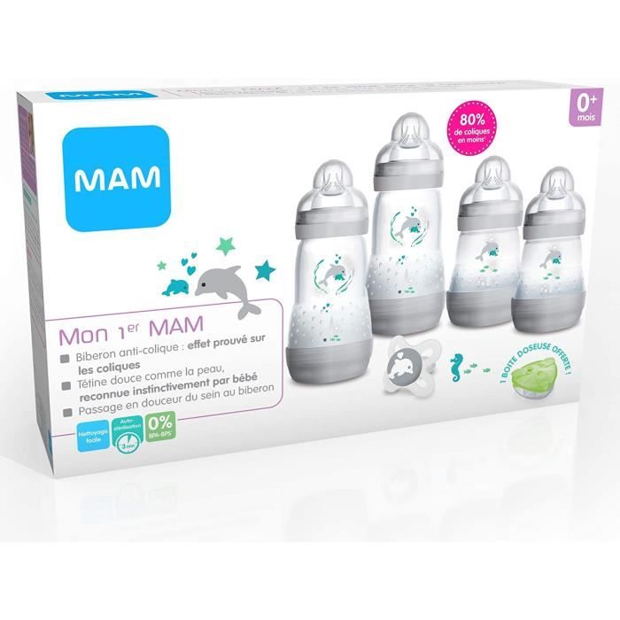 MAM Coffret Mon 1er MAM (4 Biberons + 1 Sucette + 1 Boite Doseuse), biberons MAM Easy Start anti-colique pour nourrisson dès la nais