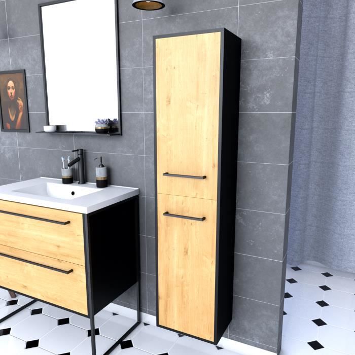 Colonne de salle de bain noir mat 30x35x150 cm avec 2 portes chêne naturel poignées noir mat - STRUCTURA P070