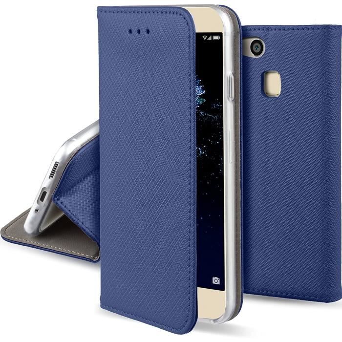 Coque a Rabat pour Huawei P10 Lite, Bleu Foncé - Housse Étui Fin Smart Magnétique avec Stand Pliant