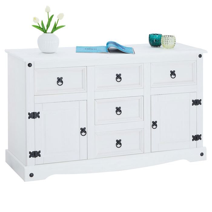 Chiffonnier RURAL commode en bois style mexicain avec 5 tiroirs, en pin massif lasuré blanc