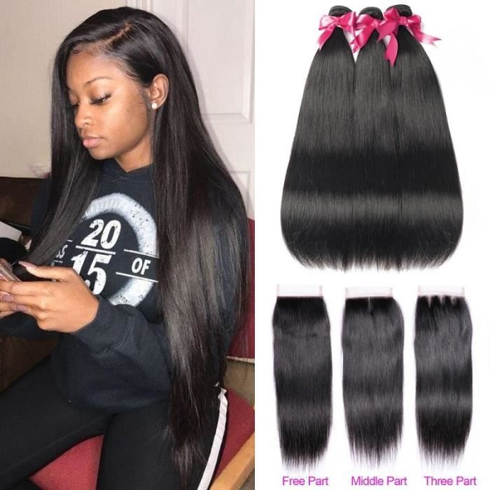 (24 26 28+20-closure)3BUNDLES Mèches Péruviennes Naturelles Lisses Avec 4X4 Lace Closure