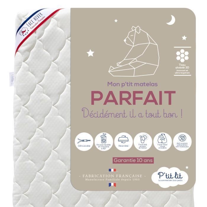 Matelas Enfant/Bébé Parfait - 70x140 cm - 2 Faces : Respirant l'Été / Douillet l'Hiver - Déhoussable - Anti Acarien Blanc