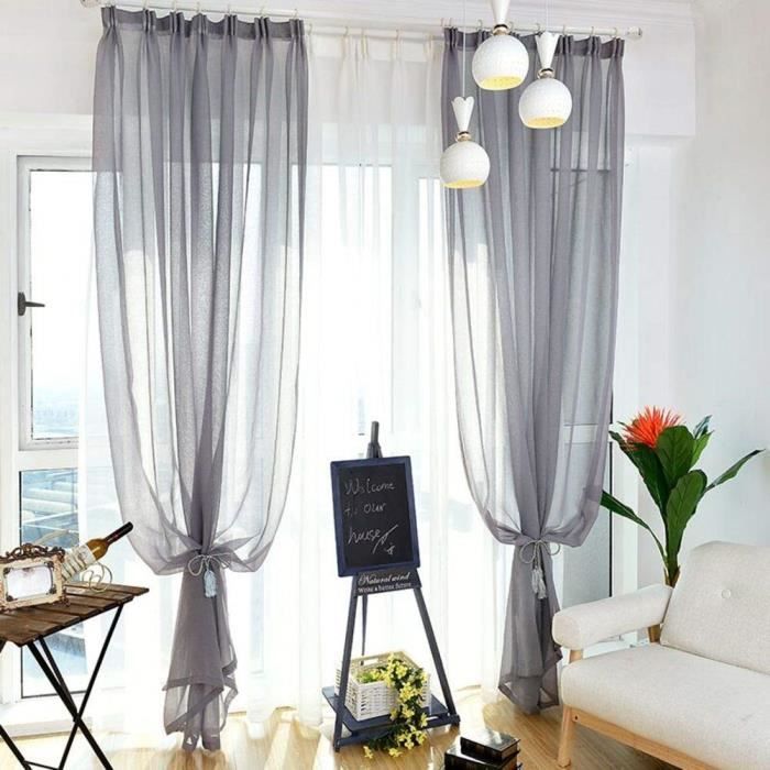 Couleur Unie Semi Voile Rideaux, Rideaux De Lin Pure avec œillets Top Rideaux pour Salon-Gris 130x250c130x250cm(51x98inch)