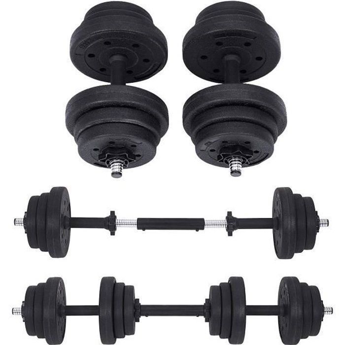 Lot 2 Haltères Musculation Poids Ajustable 10 kg, 20 kg, avec Barre d’Extension supplémentaire 12 disques SYL20HBK SONGMICS