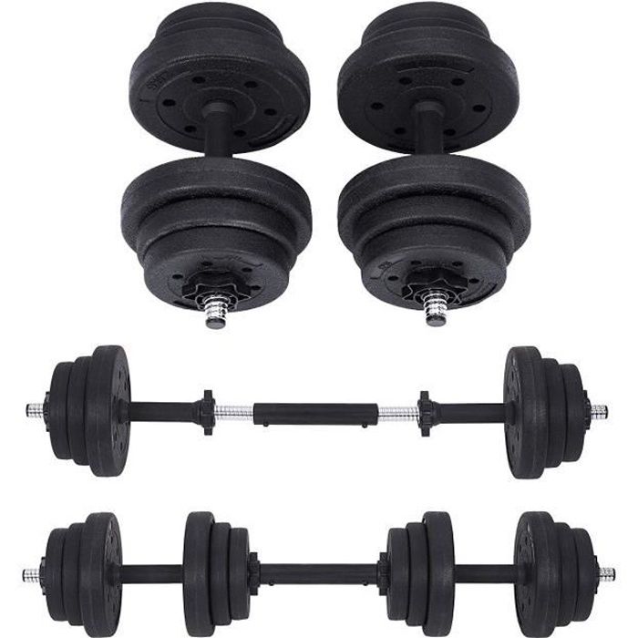 Lot 2 Haltères Musculation Poids Ajustable 10 kg, 20 kg, avec Barre d’Extension supplémentaire 12 disques SYL20HBK SONGMICS