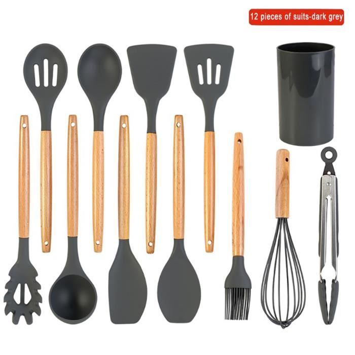 12pcs Set d'ustensiles de cuisine en silicone Spatule antiadhésive avec Boîte de rangement Coffret -Noir