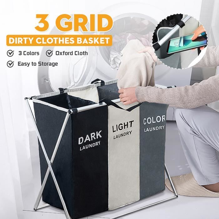TEMPSA Panier à Linge Grand Capacité Vêtements Rangement Panier Organisateur Pliable Étanche 3 grilles