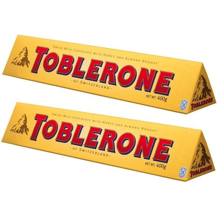 Lot de 2 toblerone de 360 grammes au chocolat au lait, chocolat suisse.