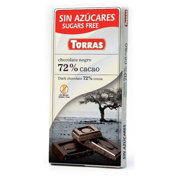 . Chocolat Noir 72% cacao sans sucre ajouté et sans gluten (75g) Torras.