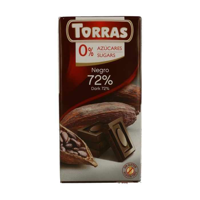 . Chocolat Noir 72% cacao sans sucre ajouté et sans gluten (75g) Torras.