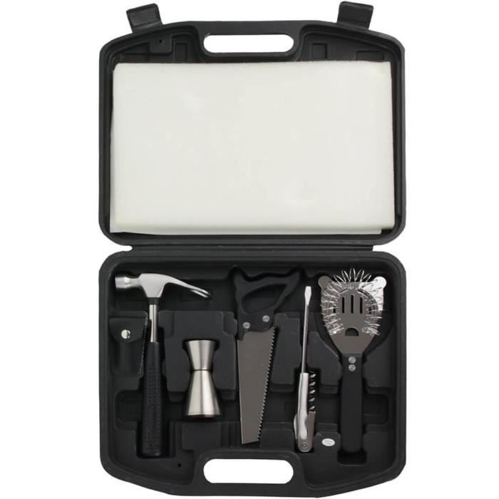 Wahou 37-2Q-003 Coffret Cocktail Boîte à outils Set de 9 ustensiles de bar Noir et gris inox Métal et PVC H6 x 28 x 32,5 cm