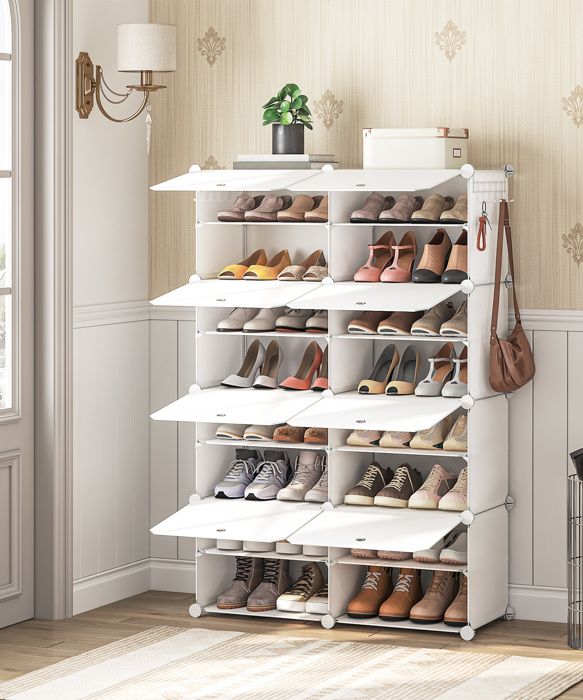 HOOBRO Étagère à Chaussures avec 8 Compartiments Boîte à Chaussures Armoire à Chaussures Étagère Modulable en Plastique Blanc