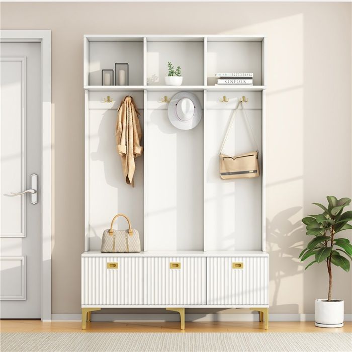 Vestiaire D’entrée - Armoire Avec Banc Meuble De Rangement Multifonction 6 Crochets Pieds Dorés 120x23.5x191.5cm Blanc