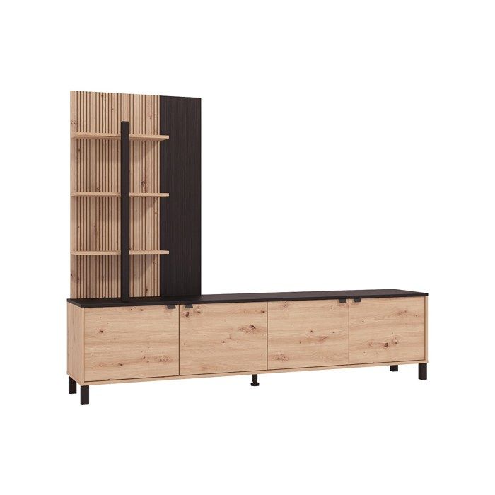 Mur TV avec 4 portes et 3 étagères - Naturel et Noir - NUJA