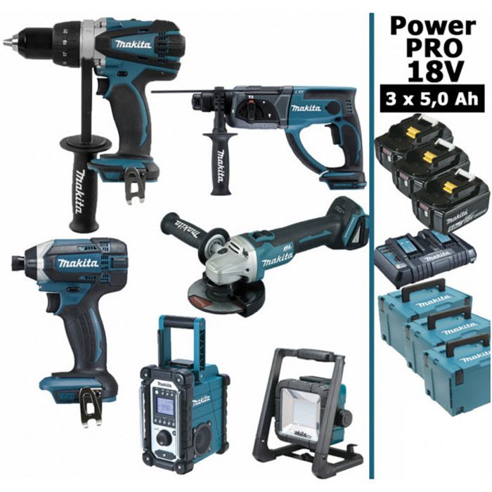 Makita France Pack Makita Power PRO 6 outils 18V: DDF458 + DTD152 + DGA504 + DHR202 + DMR108 + Projecteur + 3 batt 5Ah + 3 C - vue 1