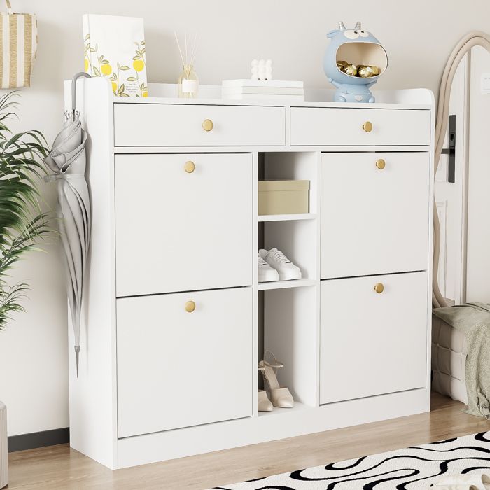 Plaque épaissieNoble armoire à chaussures blanche avec 4 portes abattantes 2 tiroirs 3 compartiments ouverts - parfaite pour les