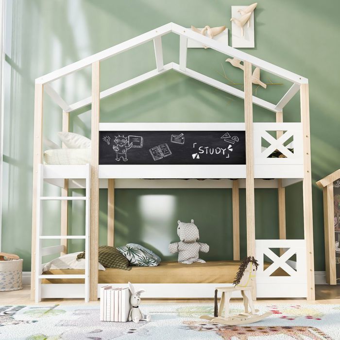 Lit mezzanine cabane - SOGEU - Lit superposé 90x200 cm - tableau noir 110x27 cm - barrière & escalier - sommier inclus