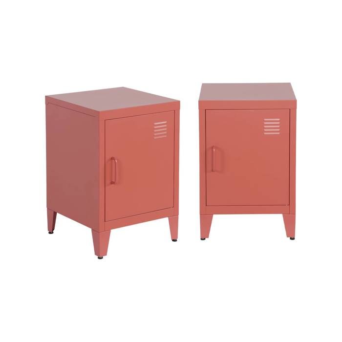 Lot de 2 tables de chevet en acier 1 porte. terracotta. casier. L 38 x P 38 x H 55.7 cm