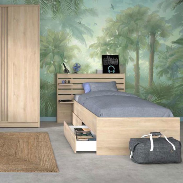 Lit enfant 90x190/200 chevet et tiroirs inclus bois CLEM - Bois naturel - Terre de Nuit