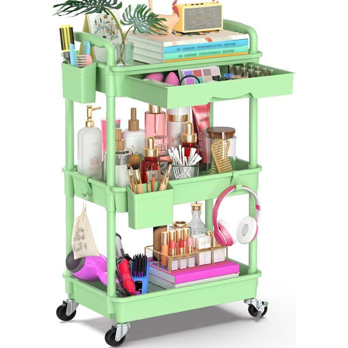 Chariot à 3 Niveaux TOOLF - Rangement Mobile Avec Roulettes - Métal Robuste 60 Kg - Pour Cuisine, Salle De Bain, Bureau, Loisirs Créatifs