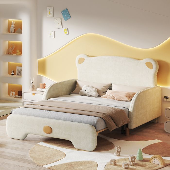 Lit rembourré enfant 140x200 velours beige en forme dours sommier à lattes 2 places