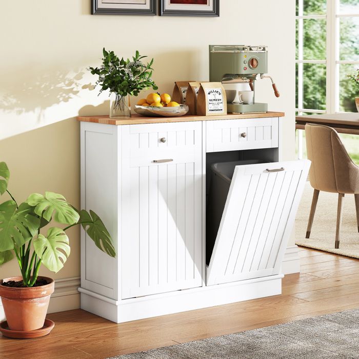 GIANTEX Buffet de Cuisine-Poubelle Double Inclinable- Planche à Découper-Plateau en Bois de Caoutchouc-2 Tiroirs-100x33x90cm-Blanc