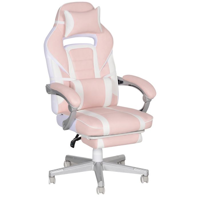 Chaise gaming - HOMCOM - repose-pieds hauteur réglable dossier inclinable appui-tête soutien lombaire - PU - 63x63x123cm - rose