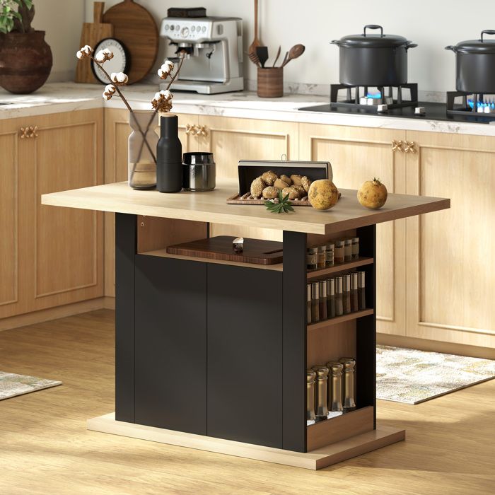 MOTHINESSTO4990-Table à manger ilot central cuisine avec grand plan de travail 4-6 personnes placard 4 portes 110 x 70 x 755 cm noi