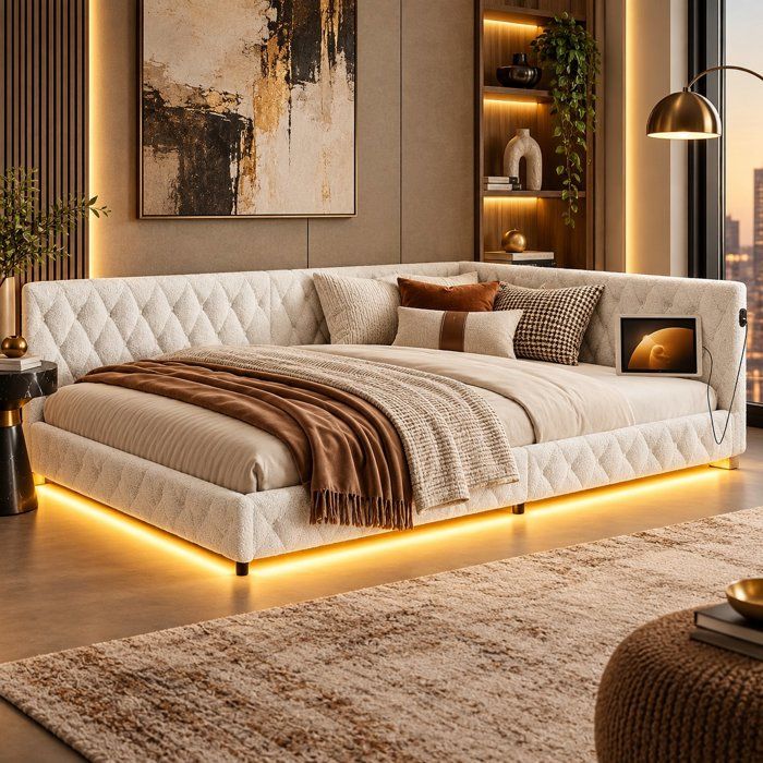 Canapé lit 140x200 cm Lit Double avec LED et USB Canapé en Velours Lit Capitonné Rembourré Beige