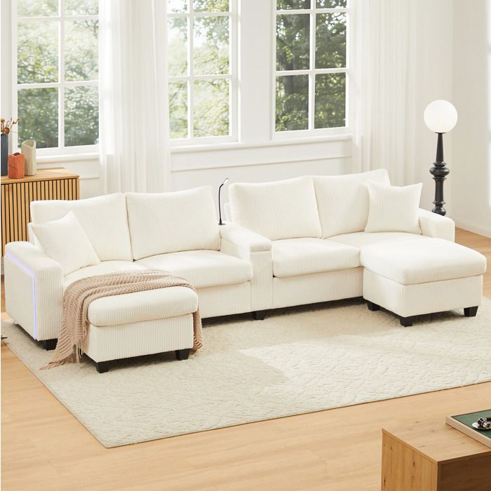 Canapé en U beige 334x128.5x81 cm avec 2 poufs accoudoirs LED porte-boissons lampe et connectiques USB/Type-C