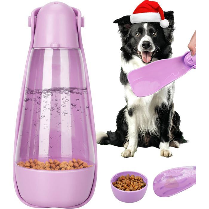Gourde D’Eau Pour Chien 3 En 1 Pliable 420 Ml Anti-Fuite Avec Gamelle Réservoir Croquettes Et Pelle À Déjections Rose