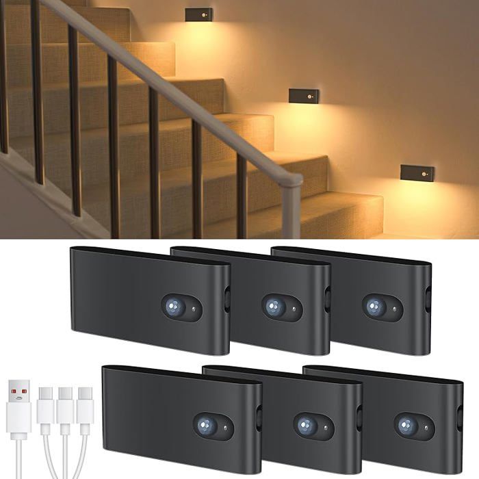 Veilleuse Détecteur De Mouvement 3 Modes (AUTO/OFF/ON) Lot De 6 Lampes LED Rechargeables Lampe Lot de 6 Noire