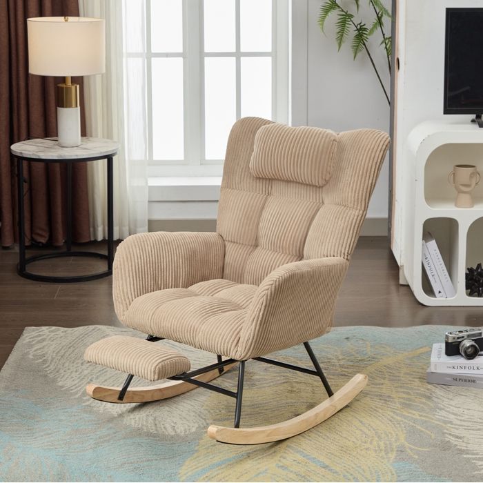 WOVREO Fauteuil à bascule marron en velours côtelé avec dossier haut 57 cm coussin de nuque et repose-pieds