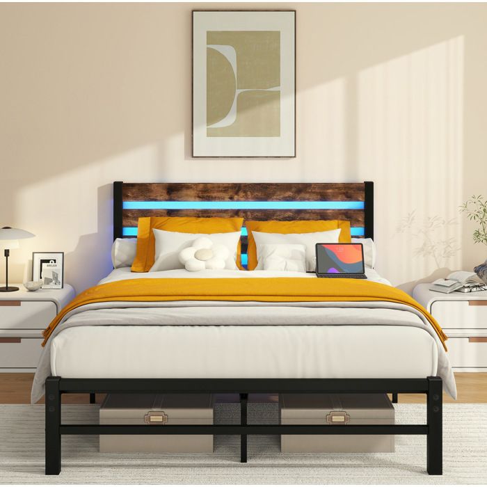 HOMVRA Lit 140 x 200 cm en métal avec tête de lit aspect bois LED port USB et rangement sous le lit