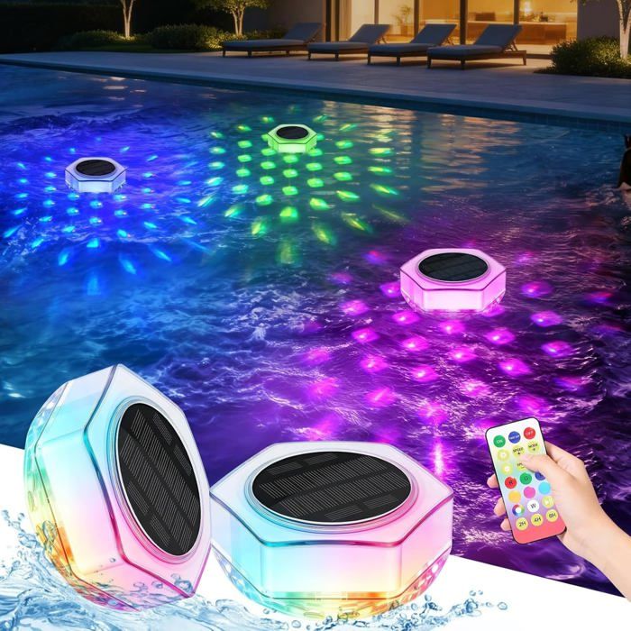Lumiere Piscine Flottante Solaire 2 Pièces Lampe Piscine avec Télécmande IP68 Étanche Eclairage Piscine Hors Sol 7 Coul PROJECTEUR