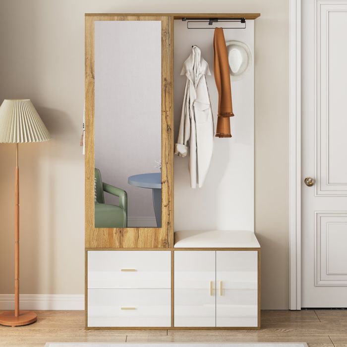 Vestiaire D’entrée Blanc Et Bois Meuble D’entrée Avec Miroir FloraGrace Pour Entrée Avec Banc Et Rangement 100x38x180cm
