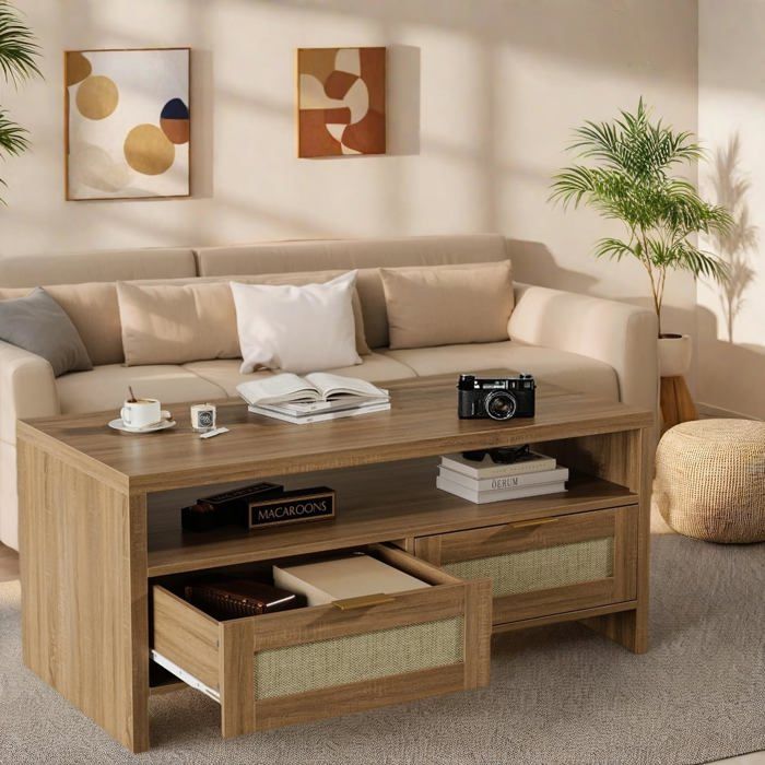 Table basse bohème rotin milieu siècle 40″ tiroirs étagère deux niveaux bois salon appartement