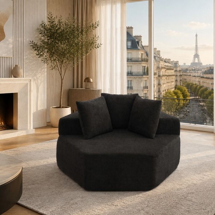 ULEVR Canapé modulable 1 place hexagonal en chenille noire 3 coussins design moderne livraison compressée